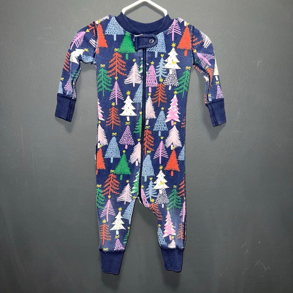 Hanna Andersson Girls Christmas Tree One Piece Zip Up Pajamas 70cm US 6-12m Blue